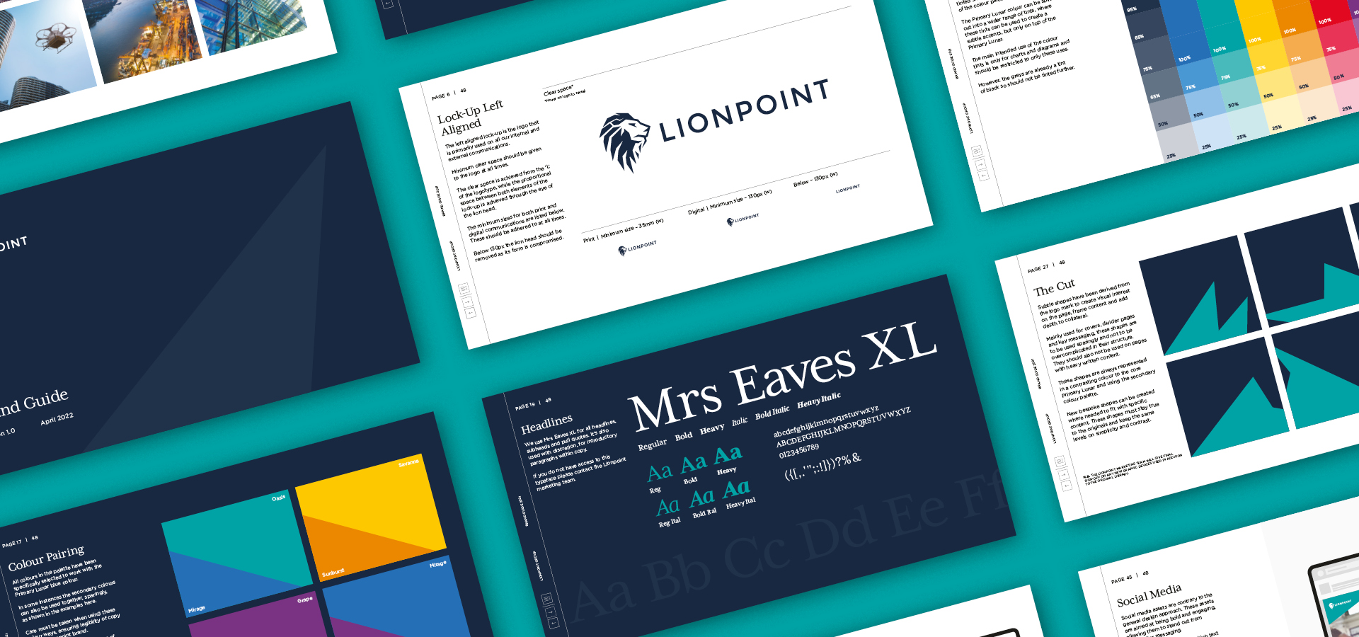Pages from Lionpoint brand guidelines laid out in a grid.